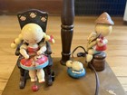 Vintage 1950s Nursery Plastics Wooden Figural Lamp   Knitting Girl  Fiddler Boy