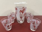 1950 s-60 s Vintage Libbey Red Rooster Cocktail Set Pitcher And 6 Glasses