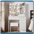 White Makeup Vanity Table Set With Sliding Lighted Mirror And Stool 6 Drawers Us