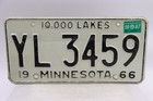 1966 Minnesota 10 000 Lakes License Plate    Yl 3459   With 1967 Registration