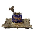 Antique Ornate Brass And Cobalt Blue Glass Inkwell On A Brass Decorative Tray