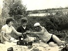 Vintage Snapshot Photo 1960s Shirtless Man Two Women Drunk Picnic B w Original