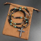 Black Obsidian Tiger Eye African Turquoise Black Hematite Cross Rosary Necklace