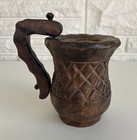 Vintage Primitive Folk Tramp Art Hand Carved Nailed Handle Wooden Mug Stein