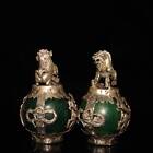 Chinese Silver Copper Dragon Inlaid Green Jade Hand-carved Pair Lion Statue 1523