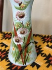 Antique Hand Blown Bristol Glass Vase Hand Painted Ruffle Top Blue Opaline