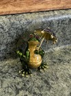Collectible Frog Metal Trinket Box With Umbrella  Green And Gold  Hinged Opening