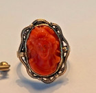 Antique Salmon-colored Coral Cameo 14k Ring And Victorian Stick Pin