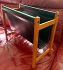 Vintage Danish Modern Oak Magazine Rack Black Vinyl Sling Mid Century Storage