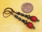Red Howlite Black Crystal Earrings Bronze Tone Lever Back Ear Wires Long Dangle