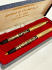 Arpege Chanel No  5 14k Gold Filigree Ballpoint Pen Set W Original Case Gift Set