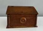 Antique Oak Wood Hinged Letter Storage Box Sloped Lid Turned Wood Details
