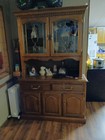 Vintage Oak Dining Set And Two-piece Oak Hutch Features Floral Glass Doors