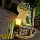 Solar Powered Frog On Rocking Chair Resin Figurine Warm Home Garden Decor