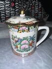 Vintage Porcelain Chinese Lidded Teacup Hand Painted Florals And Gold -butterfly