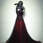 Black And Red Wedding Dresses Gothic Sleeveless V Neck Beaded Lace Bridal Gowns