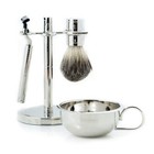 Four Piece Shaving Set With Badger Brush  Stand And Removable Bowl