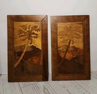 2 Vtg 50 s Burl Wood Inlay Hand Crafted Framed Art  7 5  Tree Mountain Signed-e1