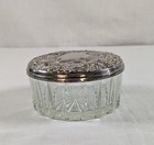Vintage Glass Powder Jar Silver Plated Embossed Lid Vanity Trinket Box Mirror