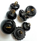 Lovely  Black Glass Swirl Back Buttons Flower Luster Coronet Charmstring Vintage