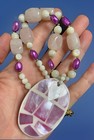 Signed Lee Sands Necklace Inlay Pendant Rose Quartz   Mother Of Pearl Beads
