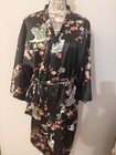 Japanese Black Crane And Floral Print Kimono Robe