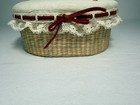 Vintage Oval Sewing Basket Padded Lid Red Work Embroidered October Heart Lining