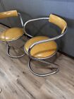 2 Vintage Mid-century-modern Chrome Zig Zag Reverse Cantilever Pair Chairs Beige
