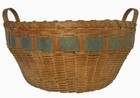 19th C New England Antique Primitive Splint Ash Gthrng Basket W grn Band handles