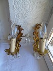 French A Pair Of Brass  Bronze Crystals Wall Light Sconces Vintage