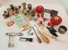 Lot Of Assorted Vintage Sewing Notions Wooden Thread Spools Buttons Pin Cushions