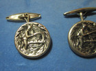 Pair Of Antique Silver Tone Metal Picture Buttons  Man Fly Fishing Fisherman