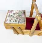Vtg Sewing Box Tapestry Wood Accordion Sewing Box Floral 2 Tier Solid Clean Euc