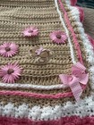 Handmade Crochet Baby Girl lap Blanket Tan Pink White Floral Teddy Bear Scallope