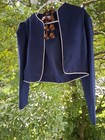 Vtg 80s Checkaberry Navy Puff Sleeve Crop Rockabilly Pinup Jacket W white Piping