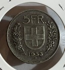 World Silver Coin      1933 B Switzerland 5 Francs  Xf     