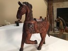 Vintage Beautifully Carved Wood Horse W saddle   Armor  Appr 24   t X 22   l  V nice