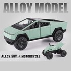 1 24 Tesla Cybertruck Pickup Truck Off-road Alloy Model Car With Small Motorbike