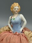 Antique German Porcelain Half Doll Pin Cushion Blonde Lady Blue Corsage Dress