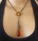 Vintage Necklace Art Nouveau Lavalier Pendant Amber Topaz Antique Czech Glass