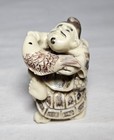 Vintage Netsuke Man On Turtle Holding Fish Plastic Resin Figurine 2 x1 25 