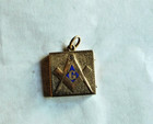 Antique Freemason Square   Compass Photo Locket Blue Enamel Fob