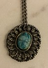 Antique Egyptian Keychain  Turquoise Scarab Beetle Set In Intricate Silver Frame