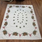 Vintage Tablecloth - Christmas White With Gold Bells  Ribbon Design   Holly