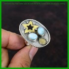 18k Gold Plated Silver Oval Larimar Gemstone Promise Statement Star Ring Jewelry
