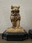 Pair Of Two Gold Spelter Owl Birds Books Bookends Set Vintage Figural