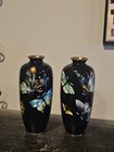 Japanese Cloisonne Ginbari Butterfly   Moth Vase Pair Japan Meiji 6  Foil