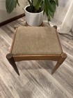 Vintage Mid Century Modern Brown Bench Footstool W Tan Fabric