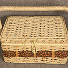Vintage Wicker Mid Century Cottage Sewing Basket Floral Trim Interior Hinged Lid