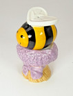 Vintage Ceramic Bumblebee On Purple Flower Bouquet Salt   Pepper Shakers - Rare 